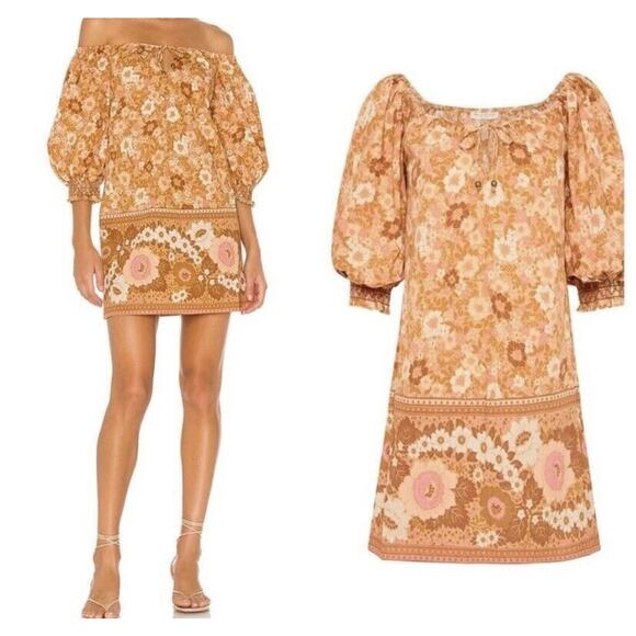 Spell & The Gypsy Dress Womens SM Anne Tunic Peach Yellow Floral Off Shoulder - Picture 4 of 11